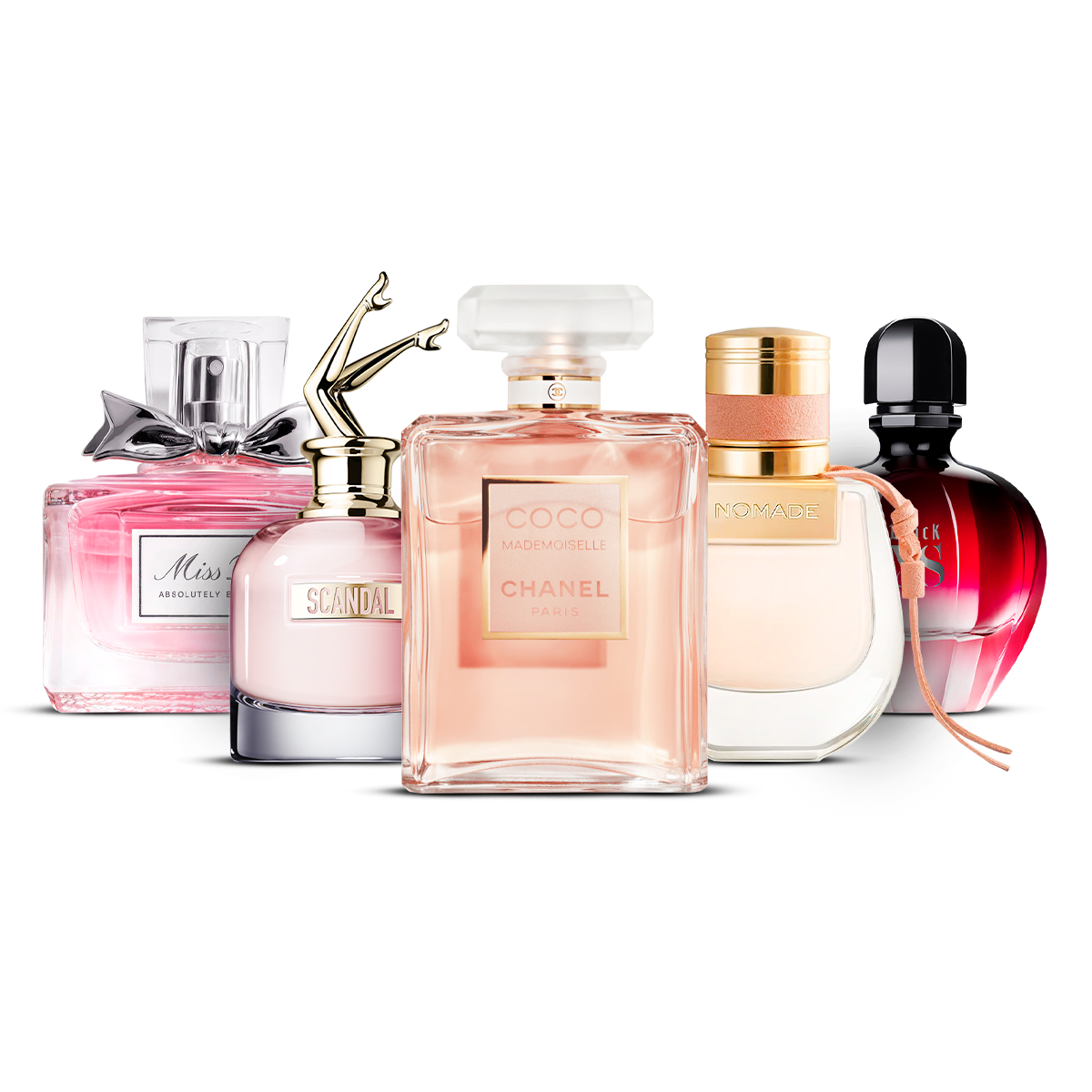 Combinazione di 5 profumi da donna - Miss Dior Absolutely Blooming, Scandal, Coco Mademoiselle, Nomade e Black XS [100 ml ciascuno]