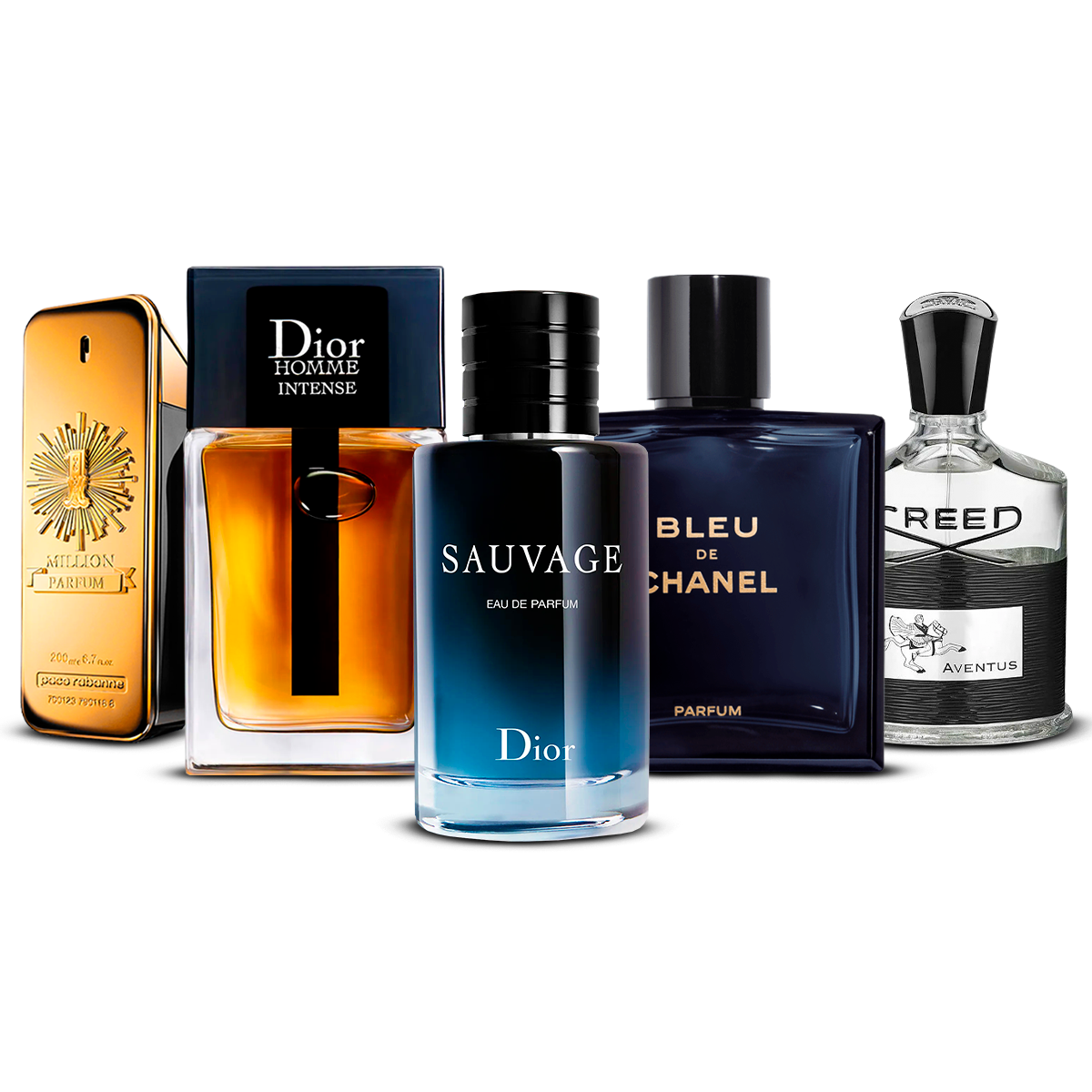 Kombinasjon av 5 herredufter – 1 Million, Dior Homme Intense, Sauvage, Bleu de Chanel og Creed Aventus [100 ml hver]
