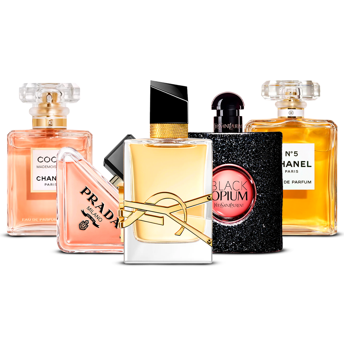 Combinazione di 5 profumi da donna – Coco Mademoiselle, Prada Paradoxe, Libre, Black Opium e Chanel N°5 [100 ml ciascuno]