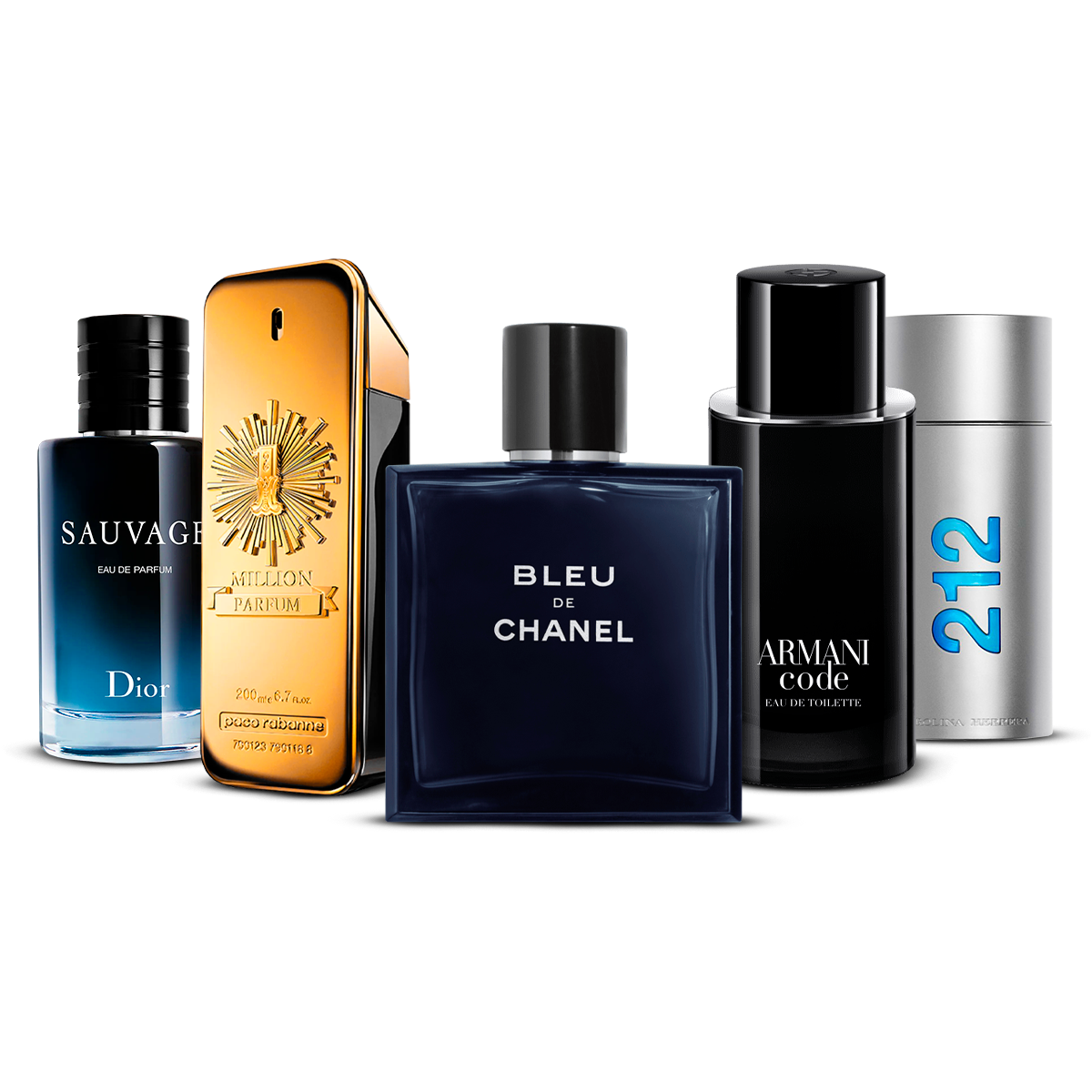 Combinazione di 5 profumi da uomo – Sauvage, 1 Million, Bleu de Chanel, Armani Code e 212 Men [100 ml ciascuno]