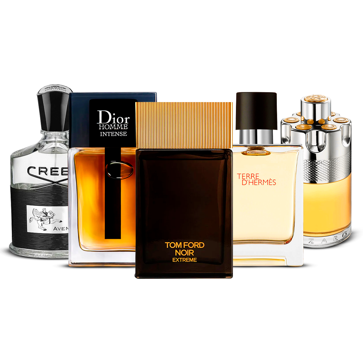 Kombinasjon av 5 herredufter – Creed Aventus, Dior Homme Intense, Tom Ford Noir Extrême, Terre d'Hermès og Azzaro Wanted [100 ml hver]
