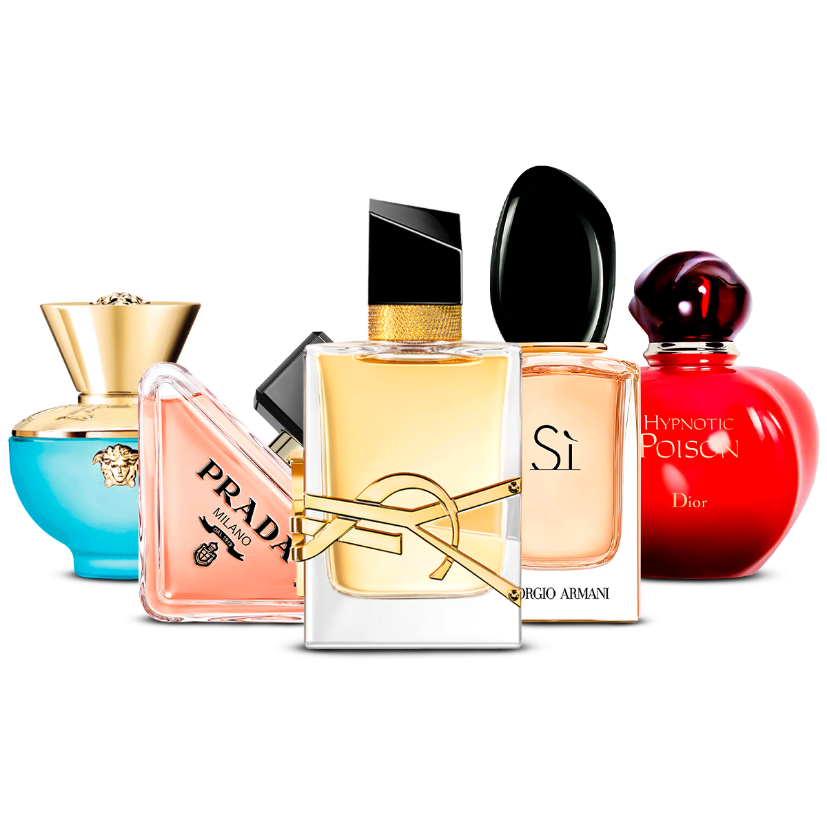 Kombinasjon av 5 dameparfymer – Versace Dylan Turquoise, Prada Paradoxe, Yves Saint Laurent Libre, Giorgio Armani Sì og Dior Hypnotic Poison [100 ml hver]