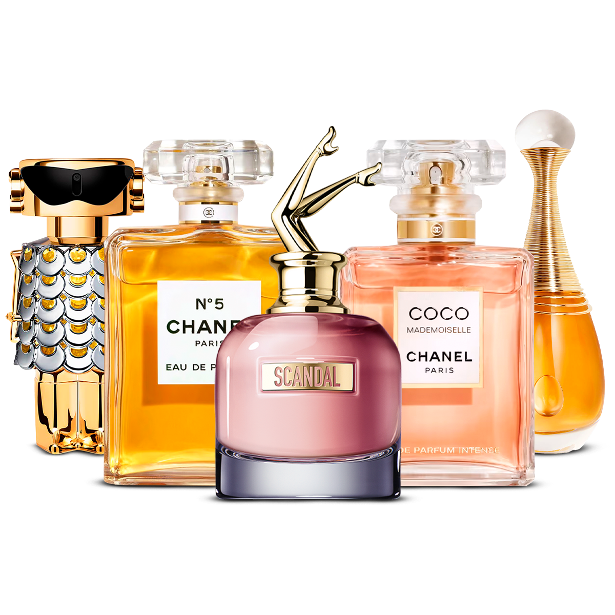 Kombination aus 5 Damendüften – Fame, Chanel Nº5, Skandal, Coco Mademoiselle und J'adore [100 ml jeweils]