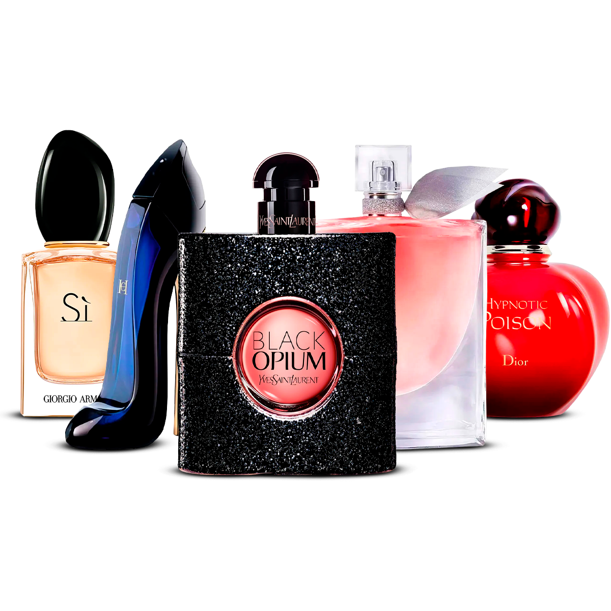 Kombinasjon av 5 dameparfymer – Sì, Good Girl, Black Opium, La Vie Est Belle og Hypnotic Poison [100 ml hver]