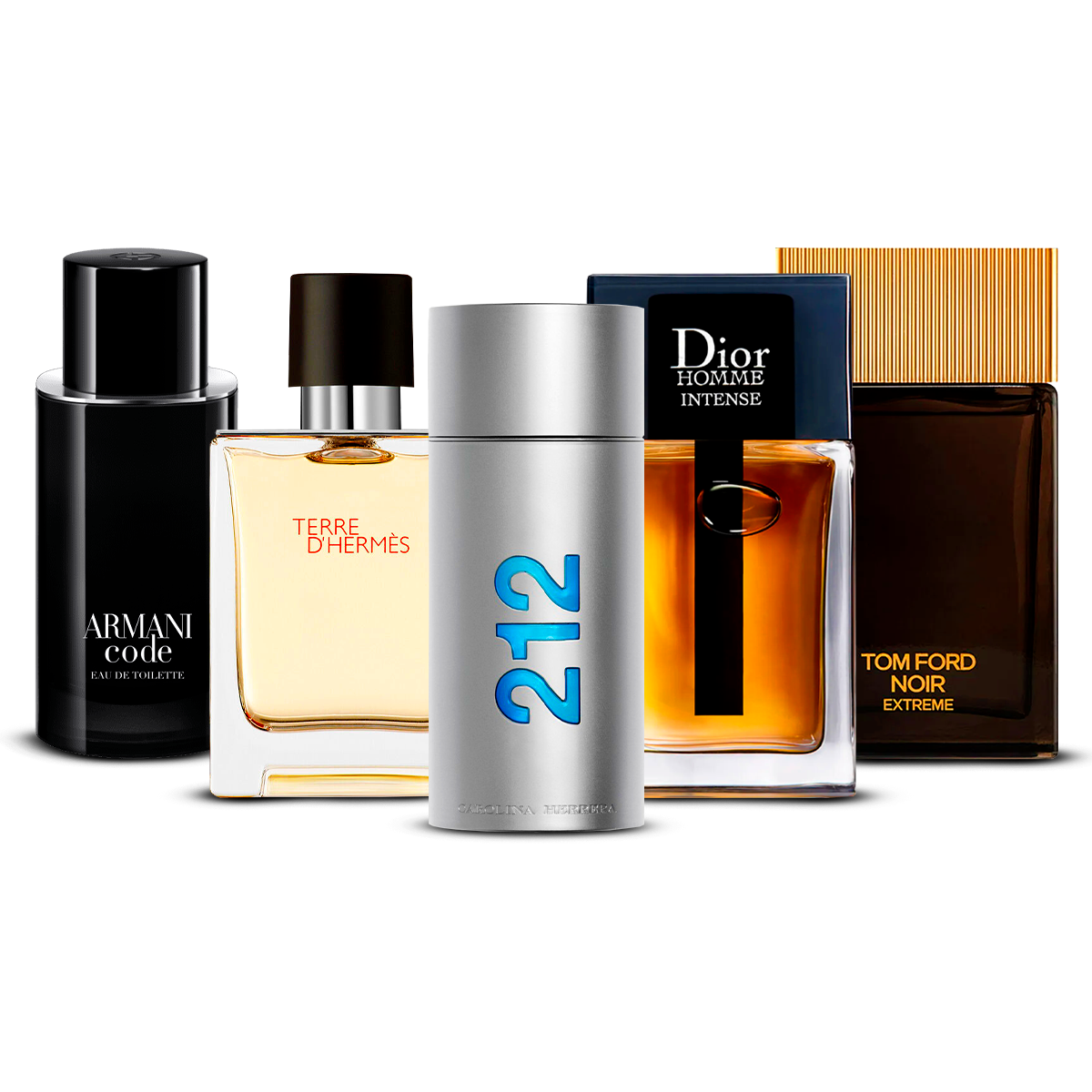 Kombinasjon av 5 herredufter – Armani Code, Terre d'Hermès, 212 Men, Dior Homme Intense og Tom Ford Noir Extrême [100 ml hver]